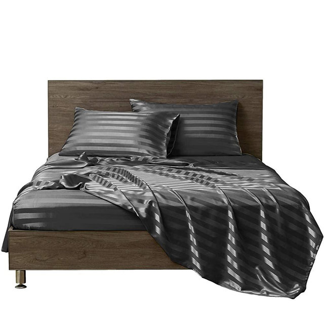 MR&HM Satin Bed Sheets, Queen Size Sheets Set, 4 Pcs Silky Bedding Set with 15 Inches Deep Pocket for Mattress(Queen, Dark Grey Striped)