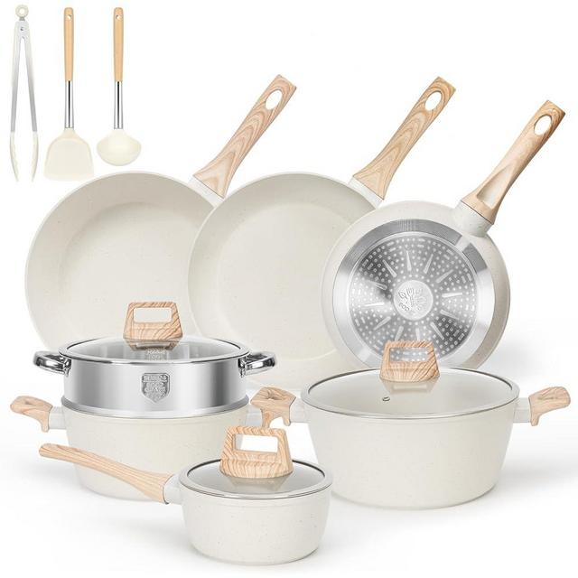 SODAY Pots and Pans Set Non Stick, 13 Pcs Kitchen Cookware Sets White Granite Nonstick Cooking Set with Frying Pans, Saucepans, Steamer Silicone Shovel Spoon & Tongs (PFOS, PFOA Free)