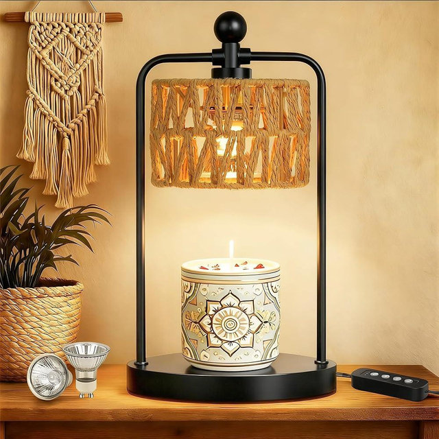 FUNNYBEHOM Candle Warmer Lamp with Timer Dimmer, Candle Warmer for Jar Candles Lights, Boho Candle Lamp Warmer with 2 Bulbs, Birthday Gifts for Women, House Warming Gifts New Home Decor, Black