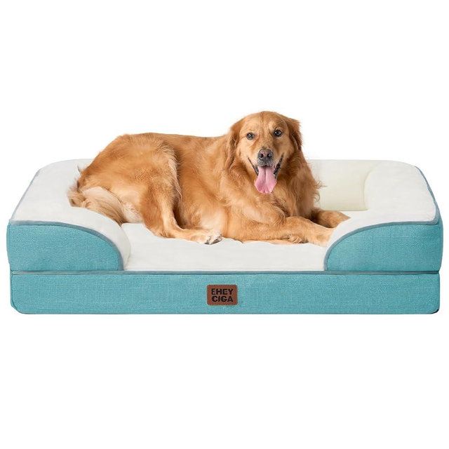 EHEYCIGA Orthopedic Dog Beds for Extra Large Dogs, Waterproof Memory Foam XL Pet Bed with Sides, Non-Slip Bottom and Egg-Crate Foam Big Dog Couch Bed with Washable Removable Cover, Turquoise Blue