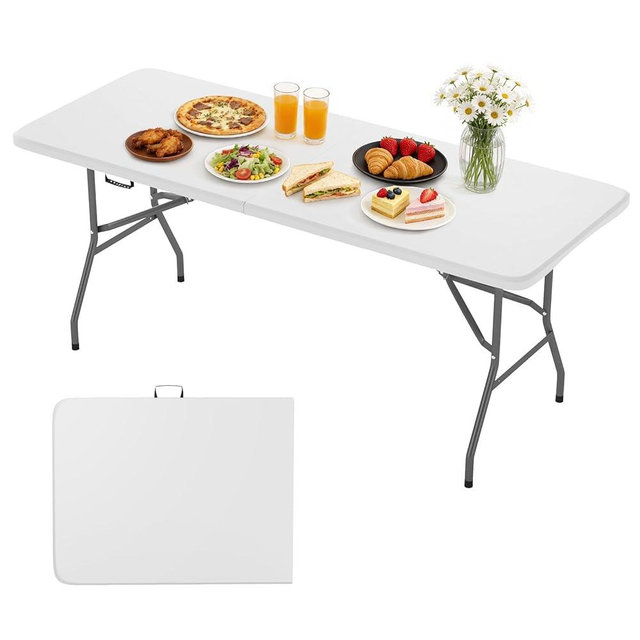 BestOffice 6 FT Picnic Table, Portable Plastic Folding Table with Carrying Handle Perfect for Picnics, Parties, Party and Camping, White