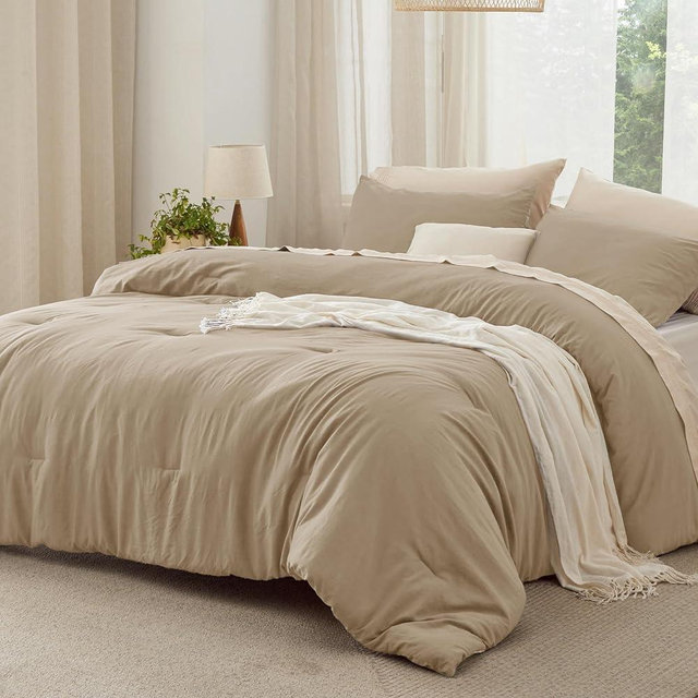 Bedsure Queen Size Comforter Set, Taupe Soft Prewashed Bedding for All Seasons, 3 Pieces GentleSoft™ Warm Down Alternative Bed Set, 1 Lightweight Comforter (90"x90") and 2 Pillowcases (20"x26")