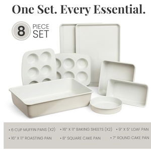 French Gray Larder & Vine 8-Piece Stackable Bakeware Set, Ceramic-Coated Nonstick Baking Pan Set, Non-Toxic, with Baking Sheets, Muffin Pan, Loaf Pan & Cake Pans, French Gray