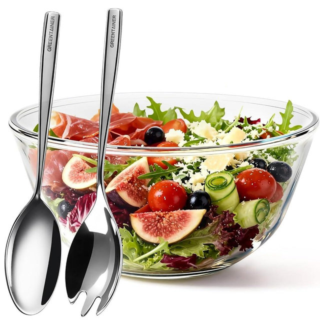 Greentainer Large Glass Salad Bowl with Stainless Steel Fork and Spoon, 144OZ Salad Serving Bowl for Kitchen, 4.5QT Glass Mixing Bowl for Cooking, Baking, Prepping, Dishwasher & Microwave Safe
