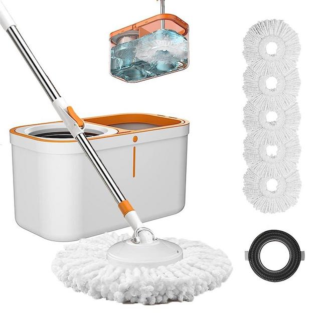 Floor Spin Mop and Bucket Set with Wringer System Extended Stainless Steel Handle 61＂for Home Floor Cleaning Use with 5 Replacement Head Refill and 1 Cleaning Brush Head