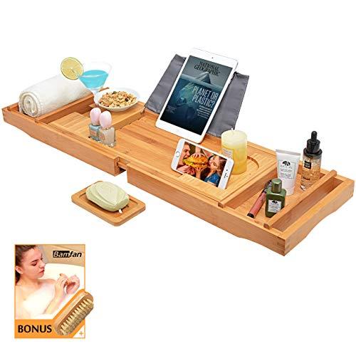 Bath Caddy Tray for Bathtub - Bamboo Adjustable Organizer Tray for Bathroom with Free Soap Dish Suitable for Luxury Spa or Reading