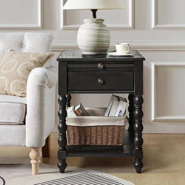 HULALA HOME Farmhouse End Table with Charging Station, Solid Wood Nightstand with Drawer Shelf, Side Table with Pull-Out Shelf (Charcoal)