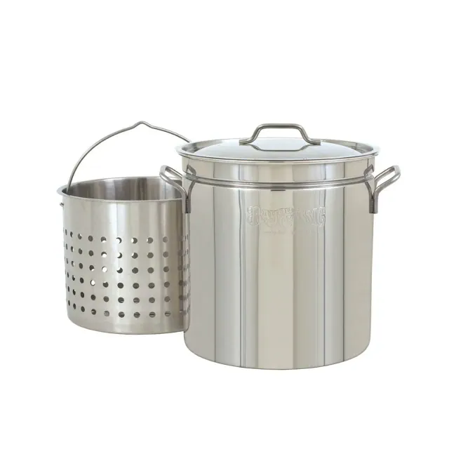 Bayou Classic 24 Quart Stainless Steel Stockpot, Large Cooking Pot with Vented Lid & Basket for Boil, Fry, Steam, and Outdoor Cooks, BC-1124, Silver