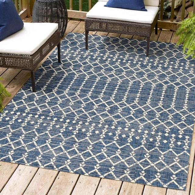 JONATHAN Y SMB108K-5 Ourika Moroccan Geometric Textured Weave Indoor Outdoor Area Rug, Coastal, Traditional, Transitional Easy Cleaning,Bedroom,Kitchen,Backyard,Patio,Non Shedding, Navy/Beige, 5 X 8