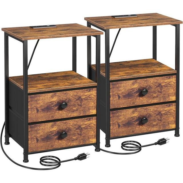 LOAKEKEL Night Stand Set 2, Nightstand with Charging Station, End Tables with Storage Shelf for Small Spaces, Bedside Table Side Tables with 2 Fabric Drawers for Bedroom, Rustic Brown, HETS020PBR