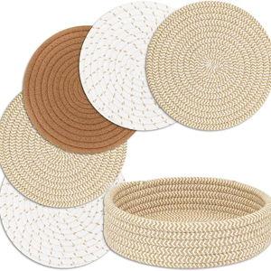 Trivets for Hot Dishes, Pots and Pans, Hot Pads with Storage Basket, Pot Holders for Kitchen, Heat Resistant Mat Protect Counter Home Essentials, Farmhouse Decor (Mix Brown 5 PCS)