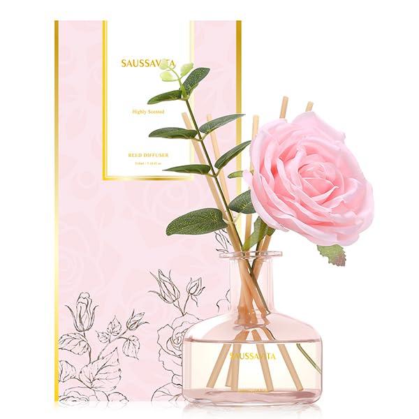 Reed Diffusers Set Rose Scent, Reed Diffuser for 120 Days, Diffusers for Home Pink Bottle,Bathroom Diffuser with 7 Sticks, Home Decor, Shelf Decor