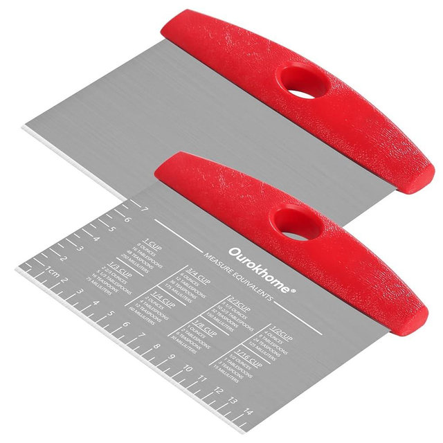 Bench Dough Kitchen Scraper Knife, Ourokhome Stainless Steel Pizza Cutter for Baking, Bread with Anti-Wear Laser-Engraved Measuring Scale and Conversion Chart, Dishwasher Safe, 2 Pack, Red