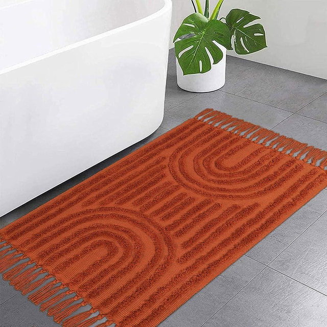 LEEVNA Washable Bathroom Rugs 2'x3', Hand-Woven Kitchen Rug with Tessal, Terracotta Bedroom Throw Rugs, Boho Tufted Rainbow Rugs, Durable Farmhouse Indoor Door Mat for Entryway/Porch/Back Door