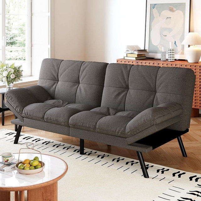 AMICLIBER Convertible Futon Sofa Bed,Grey Linen Modern Futon Couch,Memory Foam Loveseat Sleeper Recliner,Detachable Cushion,Adjustable Backrest & Armrest,Couch for Living Room,Office,Apartment