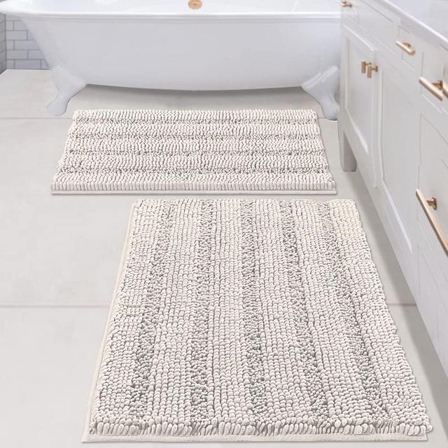 Bathroom Rugs Bath Mats Sets Super Absorbent Chenille Striped Bath Mats Non Skid Machine Wash Dry Rugs for Bathroom Floor Set of 2(Ivory, 24 x 36 Plus 20 x 32 - Inches)