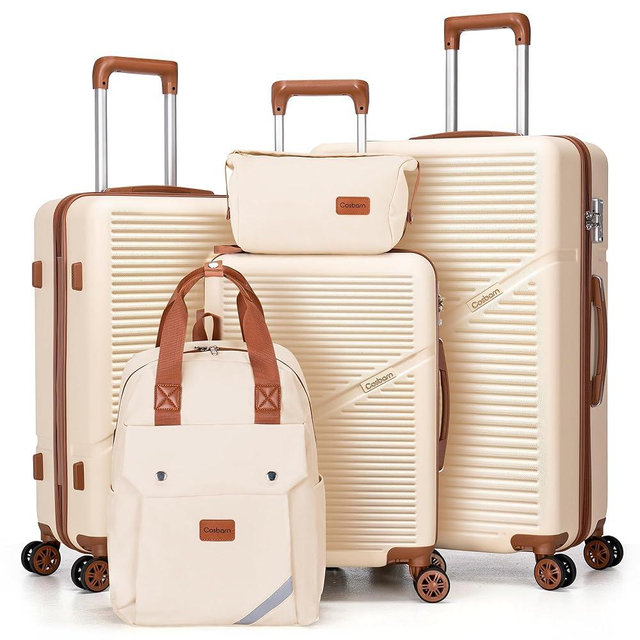 Luggage Sets 5 Piece Suitcases with Wheels, Suitcase Set ABS Hard Case Luggage with TSA Lock Spinner Wheels Durable Travel Luggage(Beige, 5-Piece Set(20"/24"/28"))