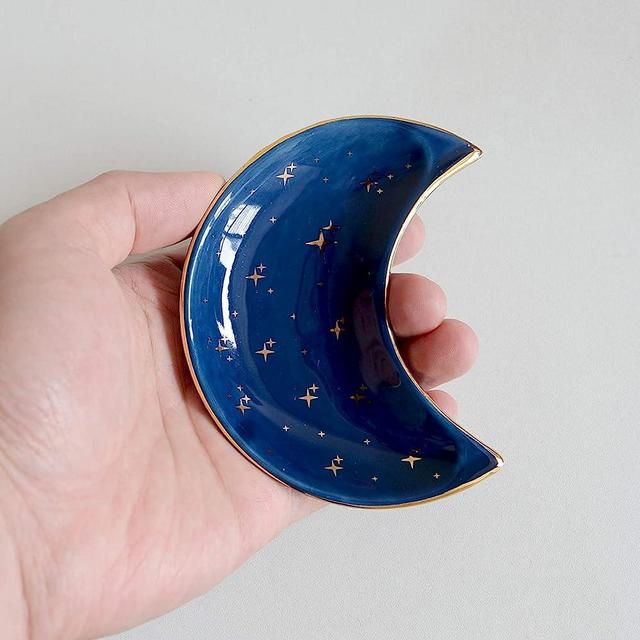 Small Moon Jewelry Dish Tray, Decorative Ceramic Trinket Dish, Modern Accent Tray for Vanity (Blue)