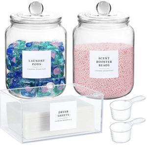 Clear Glass Jars and Dryer Sheet Holder, Dispenser Set with Lids and Labels, Containers for Laundry Room Organization and Storage, Half Gallon Airtight Glass jars, Acrylic Storage Box for Laundry supplies,