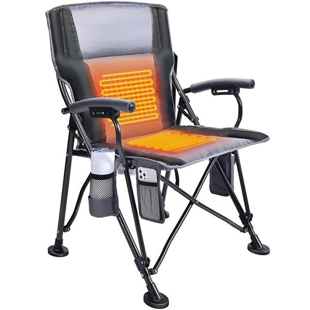 Heated Camping Chair, Heats Back and Seat, 3 Heat Levels, Heated Folding Chair with Cup Holder, Rich Pockets, Travel Bag for Camp and Outdoors Sports, Supports 300 lbs, Battery NOT Included