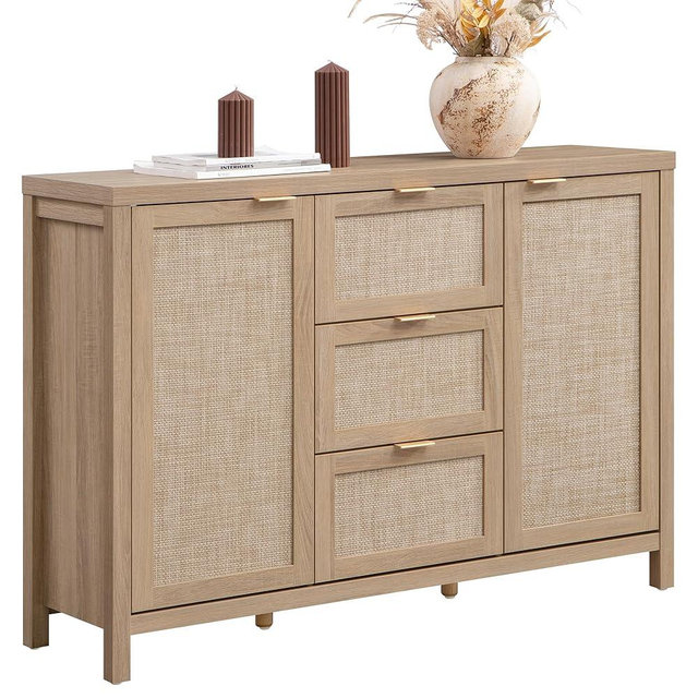 SICOTAS 52" Larger Sideboard Buffet Coffee Bar Cabinet with Storage - Farmhouse Rattan Credenza Storage Cabinet with 3 Drawers and 2 Doors, Boho Console Table for Living Room, Kitchen, Light Oak