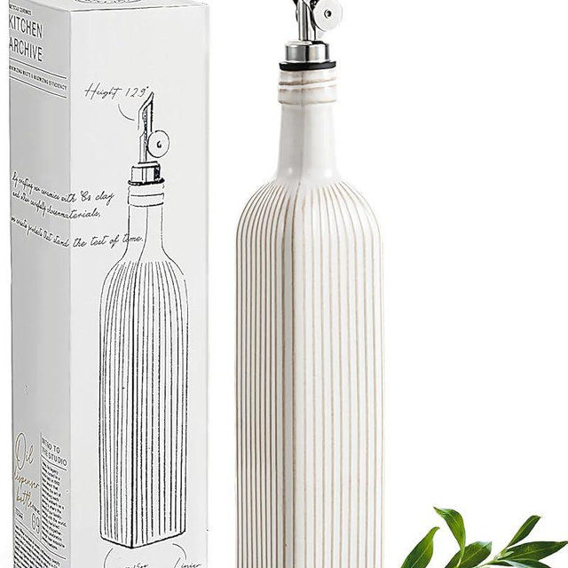 getstar 18 oz Olive Oil Dispenser Bottle for Kitchen, Ceramic Oil Bottle with Automatic Stainless Steel Pourer (Silver Pourer, Vintage White)