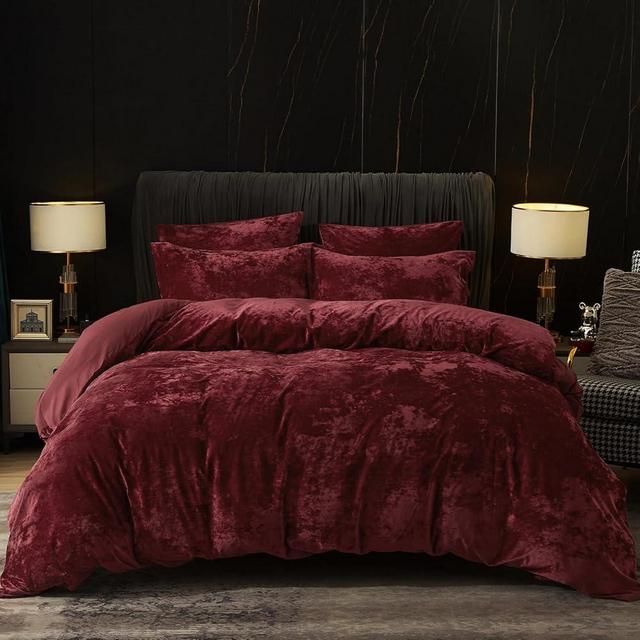 PHF Truly Velvet Duvet Cover Set Queen Size, 3pcs Ultra Soft Breathable Comforter Cover Set, Luxury Cozy Flannel Duvet Cover with Pillow Shams Bedding Collection, 90" x 90", Wine Red