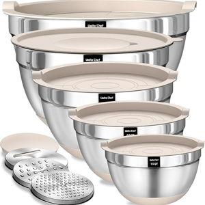 Umite Chef Mixing Bowls with Airtight Lids Set, 8PCS Stainless Steel Nesting Bowls with Grater Attachments, Non-Slip Bottoms, 5, 4, 3.5, 2, 1.5QT for Mixing & Serving