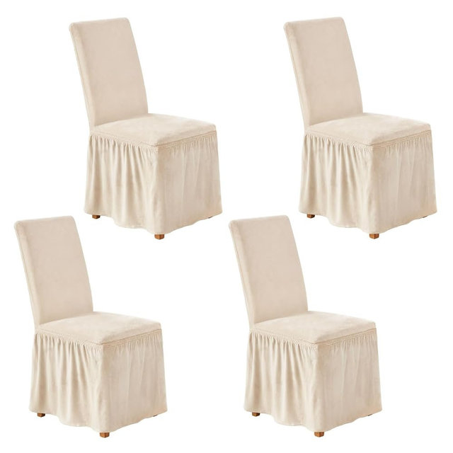 NICEEC Spandex Chair Covers for Dining Chairs Covers Set of 4 Removable Dining Room Chair Covers with Skirt Parson Chair Slipcovers Washable Chair Protector for Kitchen Wedding Party Banquet(Beige)