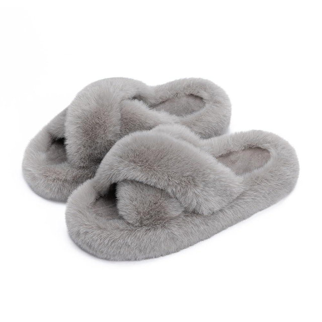 Chantomoo Women's Blue Memory Foam Faux Fur Lined Open Toe Slippers for Women - US 12