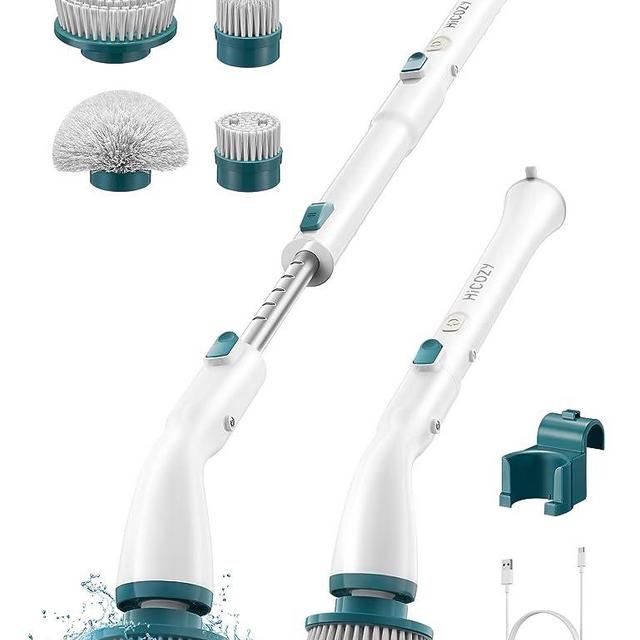 HiCOZY Electric Spin Scrubber HS1, Cordless Shower Scrubber with 4 Replaceable Brush Heads Adjustable Extension Handle, Power Cleaning Brush for Bathroom, Floor, Tile, Kitchen Dark Green