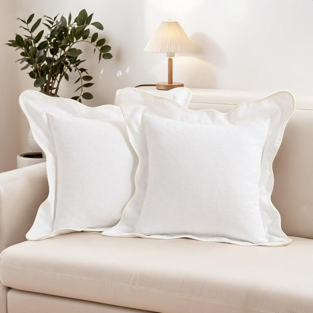 HAUSSY Scalloped Pillow Covers 18x18 Set of 2,Decorative Throw Pillows Cute Aesthetic Preppy Cushion Covers for Couch Bed Living Room,White