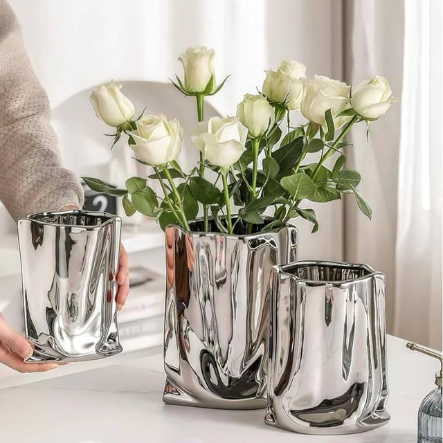 Ceramic Flower Vase, Crinkle Paper Bag Shape, Silver Metal, Modern Home Decor (X-Large)