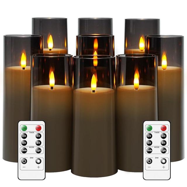 kakoya Flickering Flameless Candles Battery Operated with Remote and 2/4/6/8 H Timer Plexiglass Led Pillar Candles Pack of 9 (D2.3 xH 5" 6" 7") with Realistic Moving Wick Candles for Home Decor(Grey)