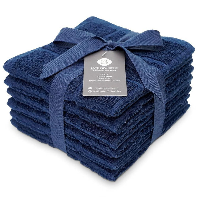 Mellow Buff 100% Cotton Dish Cloth for Dish Washing, Terry Dish Cloth, Cotton Dish Rags, 6 Pack, Super Soft and Absorbent,12"x12", inches, Reusable Cleaning Cloth, Navy Blue