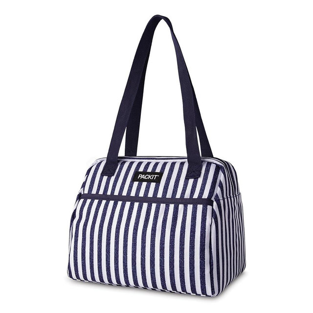 PackIt Freezable Hampton Lunch Bag, Seaside Stripe, Built with EcoFreeze Technology, Collapsible, Reusable, Zip Closure with Front Pocket and Shoulder Straps, Designed for Fresh Office Lunches