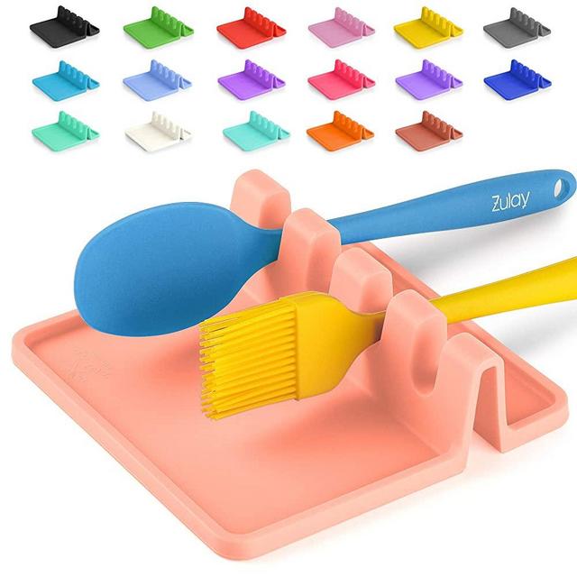 Silicone Utensil Rest with Drip Pad for Multiple Utensils, Heat-Resistant, BPA-Free Spoon Rest & Spoon Holder for Stove Top, Kitchen Utensil Holder for Ladles, Tongs & More - by Zulay (Peach Bud)