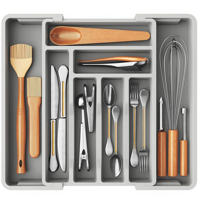 Pipishell Silverware Drawer Organizer, Expandable BPA-Free Kitchen Utensil Storage Tray for Forks, Spoons and Knives, Grey Plastic Cutlery Holder
