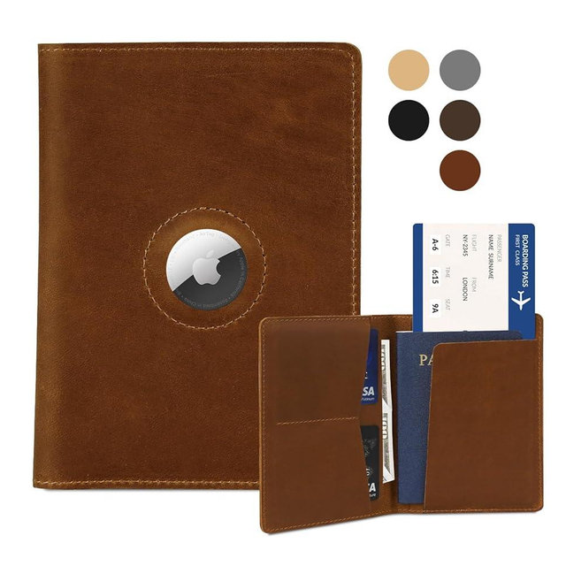 Airtag Passport Holder for Men and Women Travel, Real Leather Passport Wallet, Handmade Passport Cover Case with Airtag Slot, Travel Must Haves Essentials Accessories Birthday Gifts(Crazy Horse,Brown)