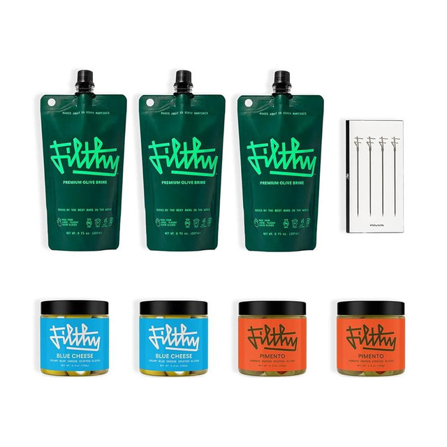 Filthy Martini Cocktail Kit, Includes Olive Brine, Pimento Stuffed Olives, Blue Cheese Stuffed Olives & 4 Stainless Steel Cocktail Picks