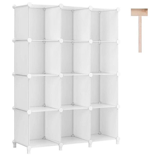 Puroma Cube Storage Organizer 12-Cube Closet Storage Shelves with Wooden Mallet DIY Closet Cabinet Bookshelf Plastic Square Organizer Shelving for Home, Office, Bedroom - White