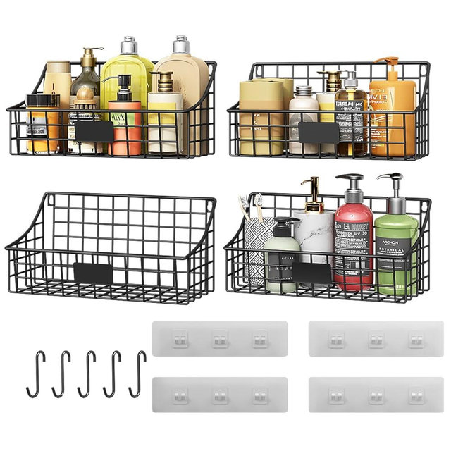 Hanging Wall Wire Basket-4Pack,Large Metal Organizer Baskets & Bathroom Shower Shelf with 4 Adhesive Hooks+5 S Hook, Wall Mounted Baskets & Shelves for Bathroom, Kitchen Storage