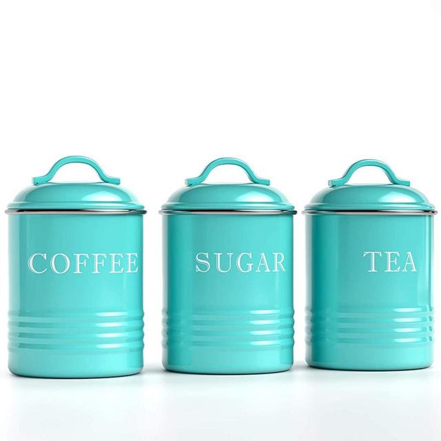 Barnyard Designs Airtight Kitchen Canister Decorations with Lids, Turquoise Metal Rustic Farmhouse Country Decor Containers for Sugar Coffee Tea Storage (Set of 3) (4” x 6.75”)