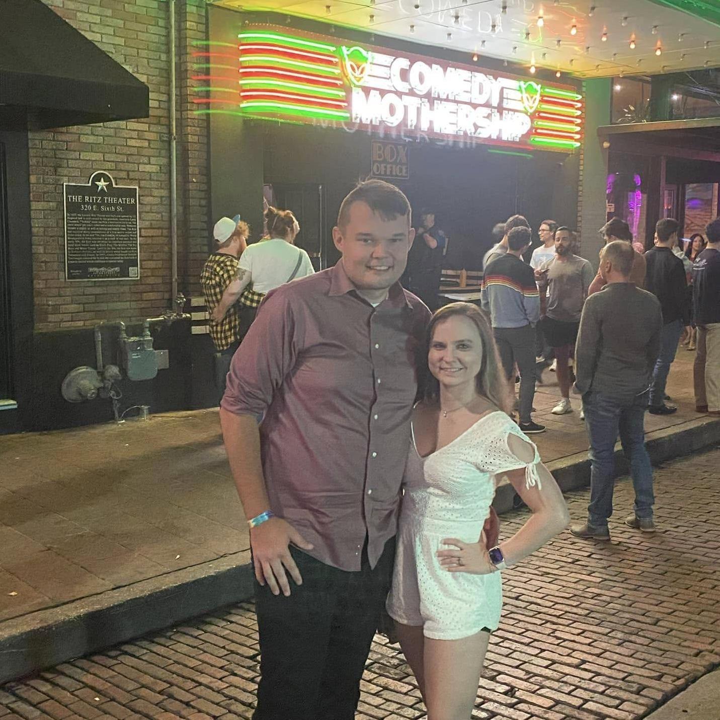 For Shayne's birthday, Brittany and Shayne traveled to Austin, Texas, along with his twin brother and his wife. Here they have just enjoyed a comedy show at Joe Rogan's Comedy Mothership.
