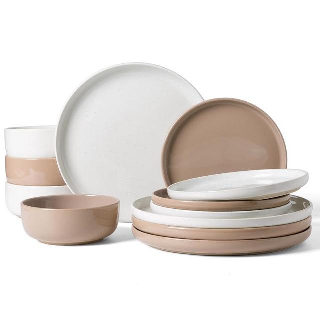 Famiware Milkyway Plates and Bowls Sets, 12 Pieces Stoneware Dinnerware Sets, Dishes Set for 4, White & Cinnamon Brown