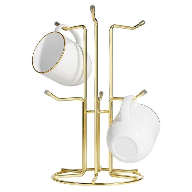 HULISEN Mug Holder for Large Cups, Mug Tree for Counter with 6 Hooks, Metal Coffee Mug Stand for Easy Pick, Place and Display, Coffee Bar Accessories and Decor, Free Standing Mug Rack, Gold