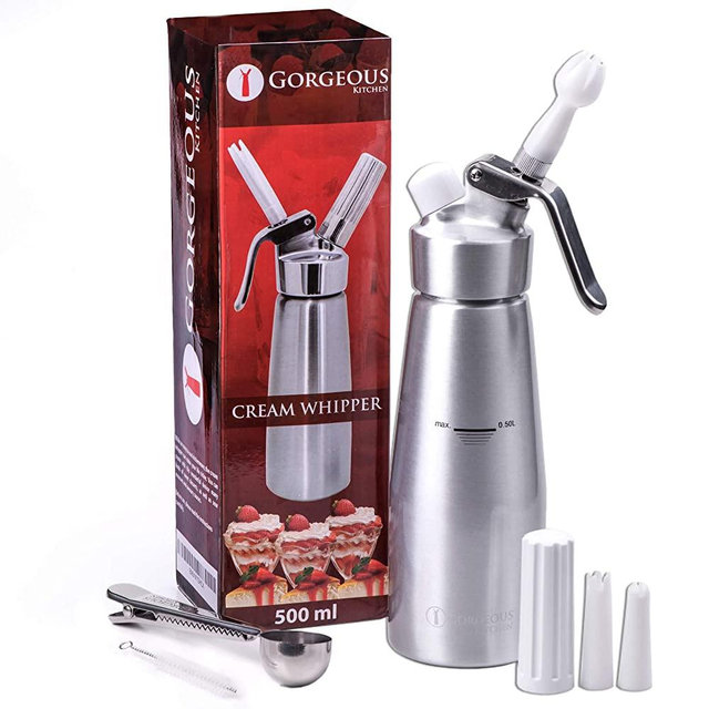 Professional Whipped Cream Dispenser 1 Pint Aluminum Cream Whipper, Durable Stainless Steel Coffee Spoon, 3 Decorating Nozzles, Charger Holder and Cleaning Brush (N2O Cartridge not Included)