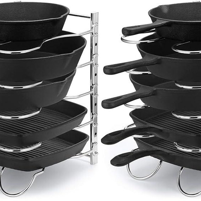 CAXXA Heavy Duty Pan Rack, Pot Lid Rack, Kitchen Cabinet Pantry Cookware Organizer Rack Holder with 5 Adjustable Dividers, Chrome (Pack of 2)