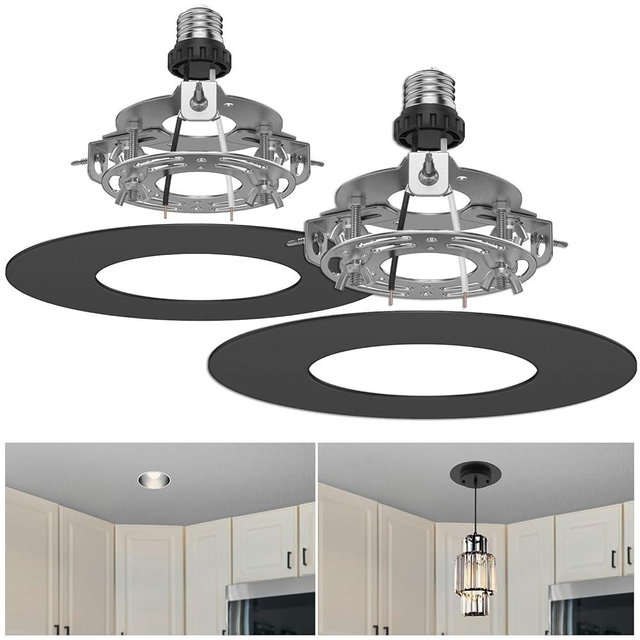 YIIZON R5 and 6 Recessed Can Light Conversion Kit, Ceiling Light Fixture Upgrade, Pendant & Hanging, 7¾ Inch Flat Steel Ceiling Medallion, Black Finish 2 Packs