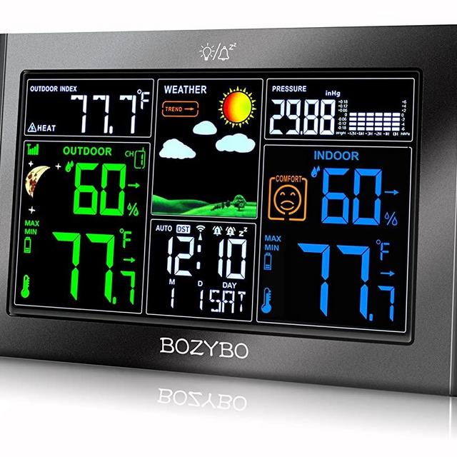 Weather Station Wireless Indoor Outdoor Thermometer - BOZYBO - Digital Weather Thermometer with Atomic Clock Temperature Humidity Monitor with Calendar Adjustable Backlight and Calendar